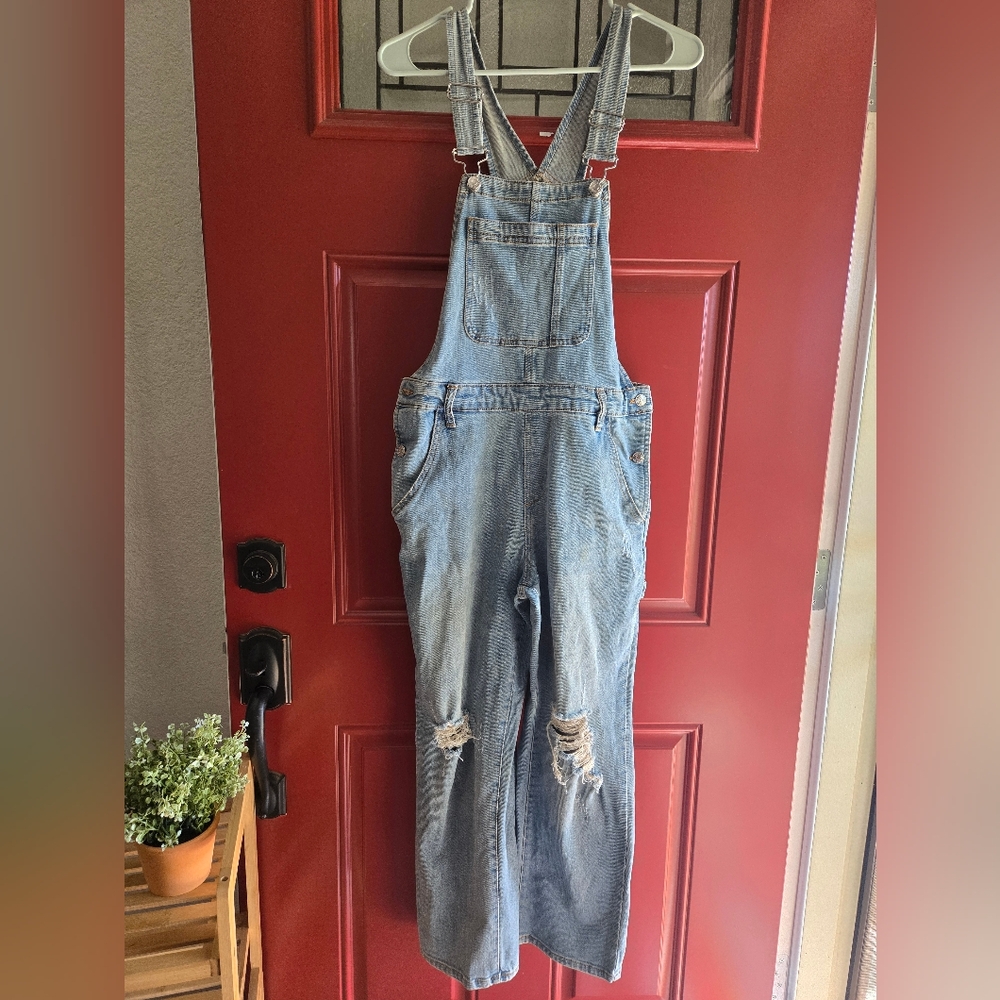 Distressed Light Blue Denim Overalls, Small